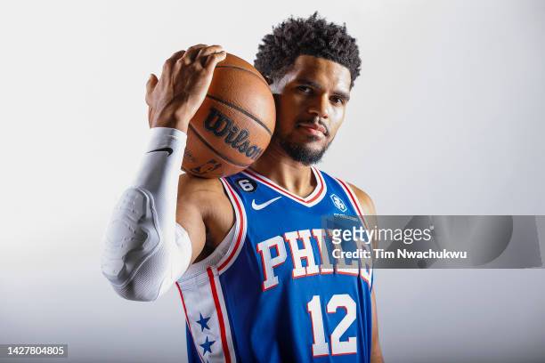 Tobias Harris of the Philadelphia 76ers poses at 76ers Training Complex on September 26, 2022 in Camden, New Jersey. NOTE TO USER: User expressly...