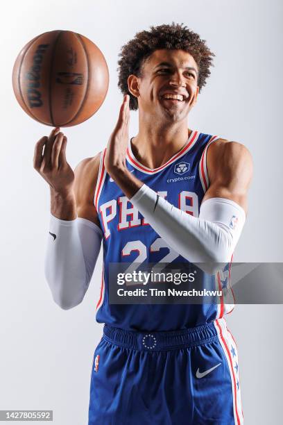 Matisse Thybulle of the Philadelphia 76ers poses at 76ers Training Complex on September 26, 2022 in Camden, New Jersey. NOTE TO USER: User expressly...