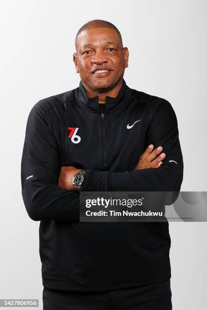 Head coach Doc Rivers of the Philadelphia 76ers poses at 76ers Training Complex on September 26, 2022 in Camden, New Jersey. NOTE TO USER: User...