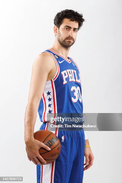 Furkan Korkmaz of the Philadelphia 76ers poses at 76ers Training Complex on September 26, 2022 in Camden, New Jersey. NOTE TO USER: User expressly...