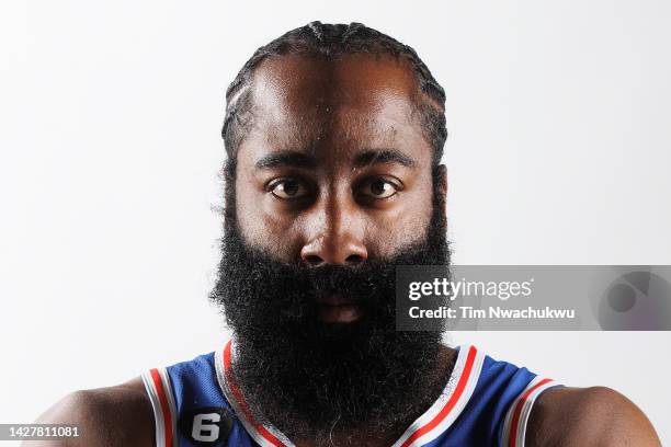 James Harden of the Philadelphia 76ers poses at 76ers Training Complex on September 26, 2022 in Camden, New Jersey. NOTE TO USER: User expressly...