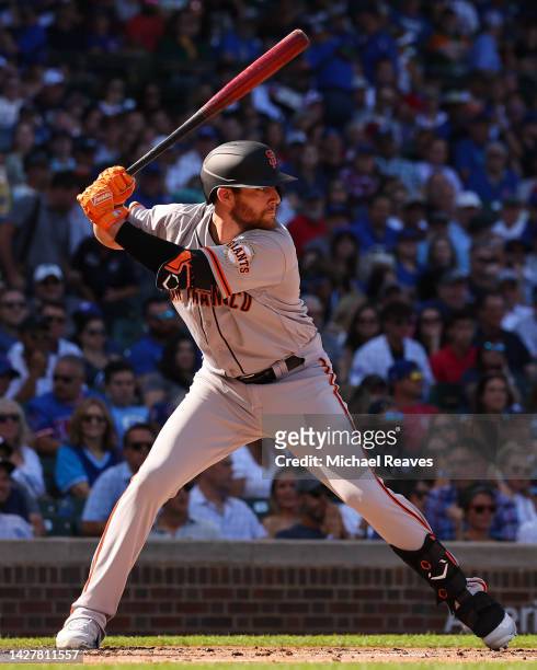 Austin Dean of the San Francisco Giants at bat against the Chicago Cubs at Wrigley Field on September 09, 2022 in Chicago, Illinois.