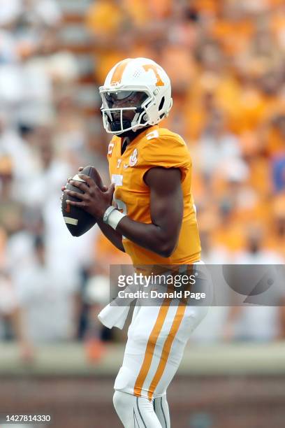 Hendon Hooker of the Tennessee Volunteers looks to pass against the Florida Gators at Neyland Stadium on September 24, 2022 in Knoxville, Tennessee....