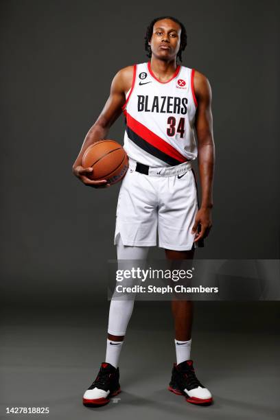 Jabari Walker of the Portland Trail Blazers poses for a portrait during Blazers Media Day at Veterans Memorial Coliseum on September 26, 2022 in...