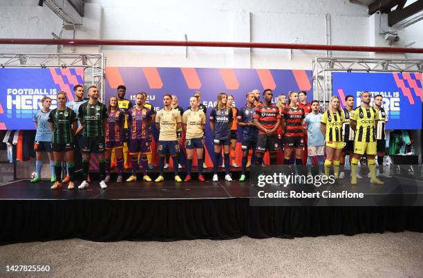 Players from the A-Leagues pose during the 2022-23 A-Leagues Season launch at Ultra Football on September 27, 2022 in Melbourne, Australia.