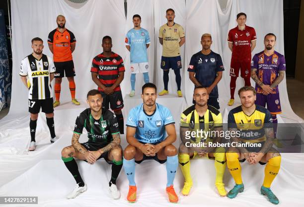 Players from the A-Leagues pose during the 2022-23 A-Leagues Season launch at Ultra Football on September 27, 2022 in Melbourne, Australia.