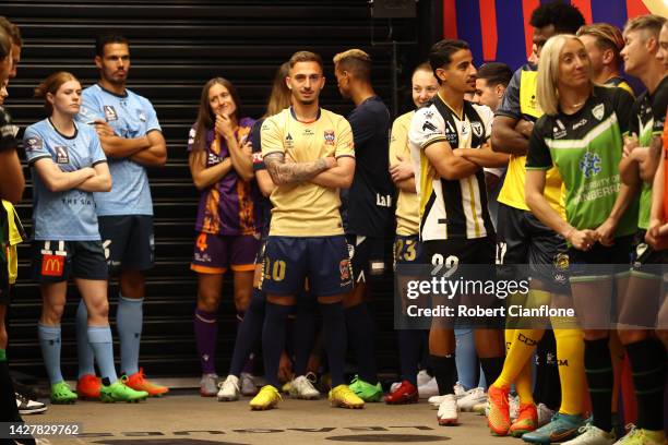 Players look on as they await to be announced on stage during the 2022-23 A-Leagues Season launch at Ultra Football on September 27, 2022 in...