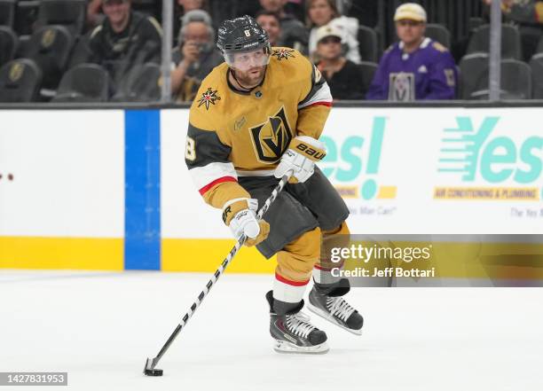 Phil Kessel of the Vegas Golden Knights skates in a shootout exhibition against the Los Angeles Kings at T-Mobile Arena on September 26, 2022 in Las...