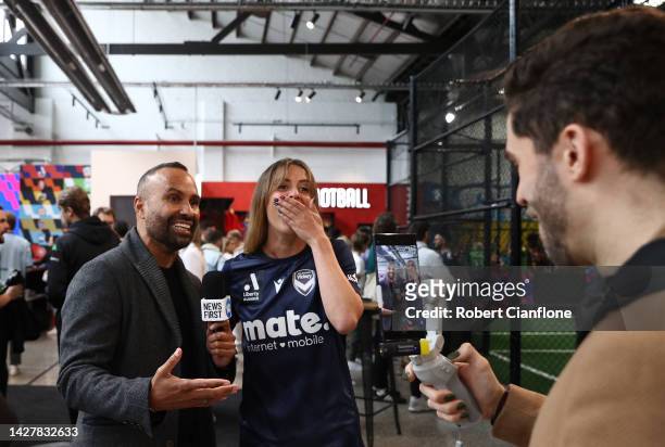 Archie Thompson interviews Kayla Morrison of Melbourne Victory during the 2022-23 A-Leagues Season launch at Ultra Football on September 27, 2022 in...