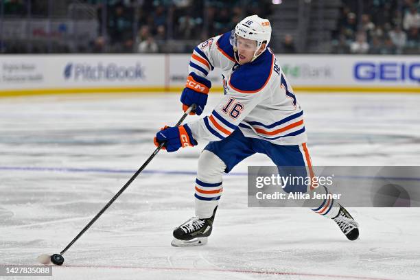 Tyler Benson of the Edmonton Oilers in action during the third period against the Seattle Kraken at Climate Pledge Arena on September 26, 2022 in...