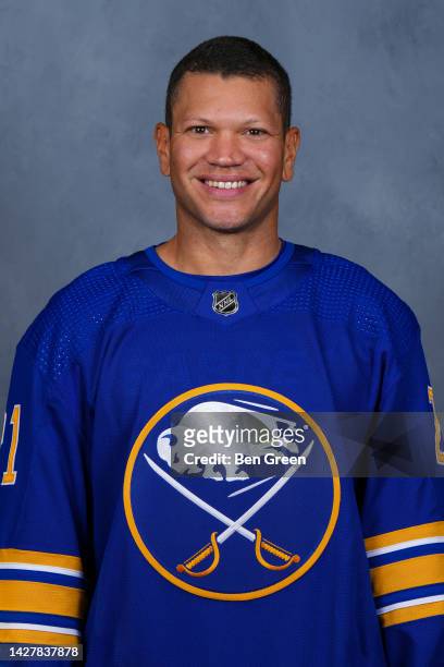 Kyle Okposo of the Buffalo Sabres poses for his official headshot for the 2022-2023 season on September 21, 2022 at the KeyBank Center in Buffalo,...