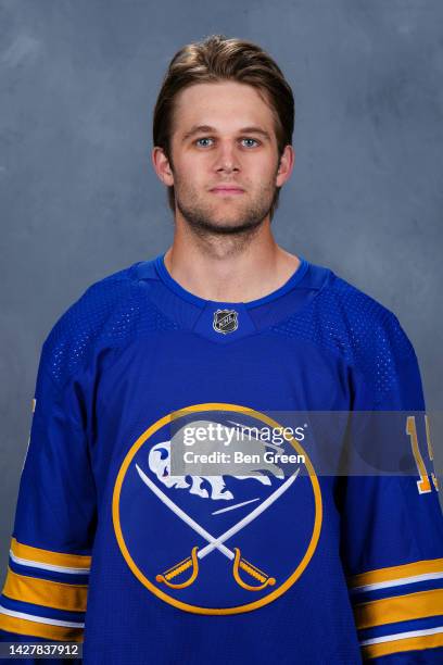 Anders Bjork of the Buffalo Sabres poses for his official headshot for the 2022-2023 season on September 21, 2022 at the KeyBank Center in Buffalo,...