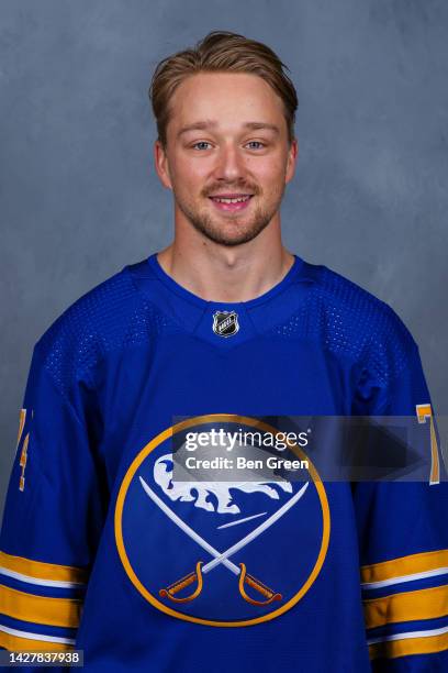 Rasmus Asplund of the Buffalo Sabres poses for his official headshot for the 2022-2023 season on September 21, 2022 at the KeyBank Center in Buffalo,...