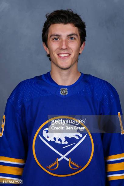 Peyton Krebs of the Buffalo Sabres poses for his official headshot for the 2022-2023 season on September 21, 2022 at the KeyBank Center in Buffalo,...