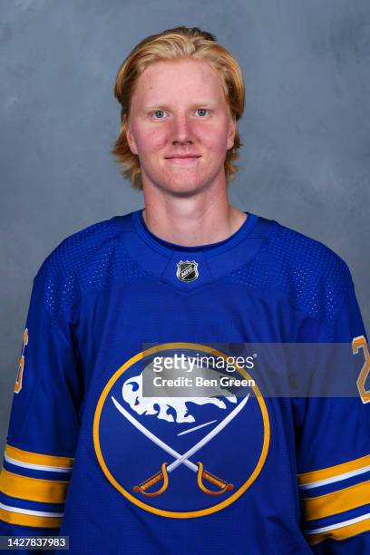 Rasmus Dahlin of the Buffalo Sabres poses for his official headshot for the 2022-2023 season on September 21, 2022 at the KeyBank Center in Buffalo,...