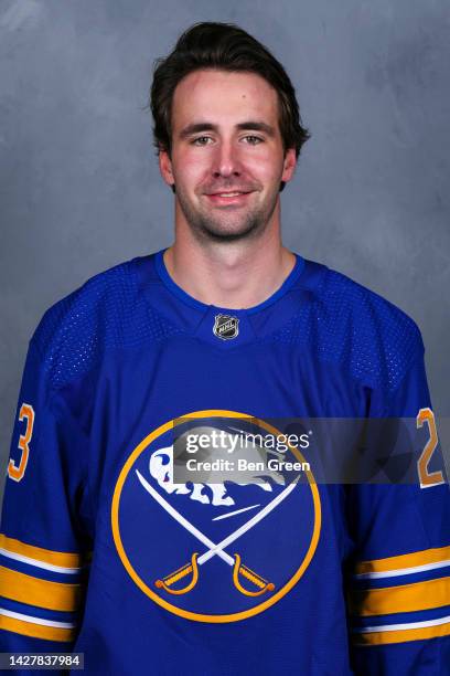 Mattias Samuelsson of the Buffalo Sabres poses for his official headshot for the 2022-2023 season on September 21, 2022 at the KeyBank Center in...