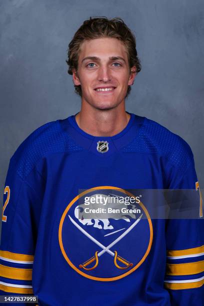 Tage Thompson of the Buffalo Sabres poses for his official headshot for the 2022-2023 season on September 21, 2022 at the KeyBank Center in Buffalo,...