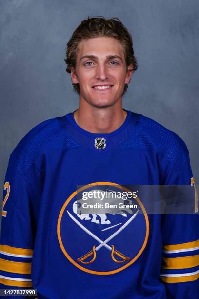 Tage Thompson of the Buffalo Sabres poses for his official headshot for the 2022-2023 season on September 21, 2022 at the KeyBank Center in Buffalo,...