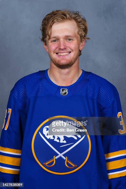 Casey Mittelstadt of the Buffalo Sabres poses for his official headshot for the 2022-2023 season on September 21, 2022 at the KeyBank Center in...