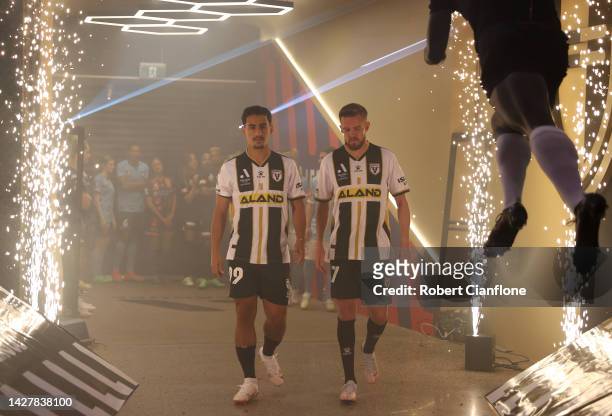 Daniel Arzani and Craig Noone of Macarthur FC are announced on stage during the 2022-23 A-Leagues Season launch at Ultra Football on September 27,...