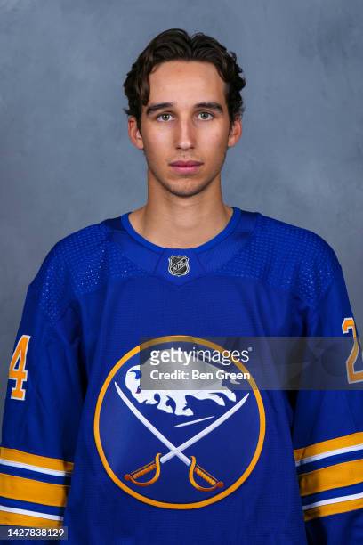 Dylan Cozens of the Buffalo Sabres poses for his official headshot for the 2022-2023 season on September 21, 2022 at the KeyBank Center in Buffalo,...
