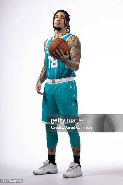 LiAngelo Ball of the Charlotte Hornets poses for a portrait during Charlotte Hornets Media Day at Spectrum Center on September 26, 2022 in Charlotte,...