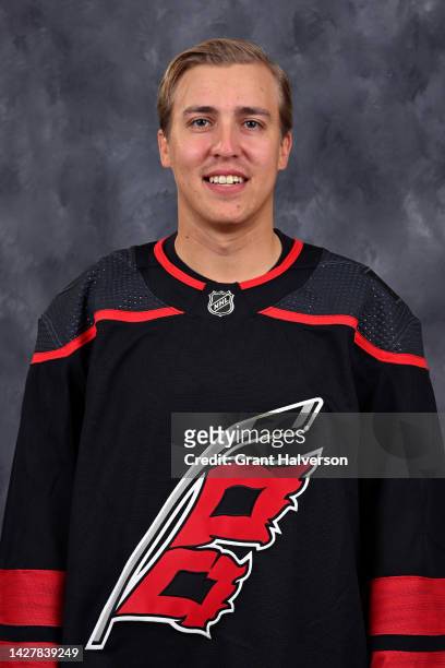 Teuvo Teravainen of the Carolina Hurricanes poses for his official headshot for the 2022-2023 season on September 21, 2022 at Carolina Family...