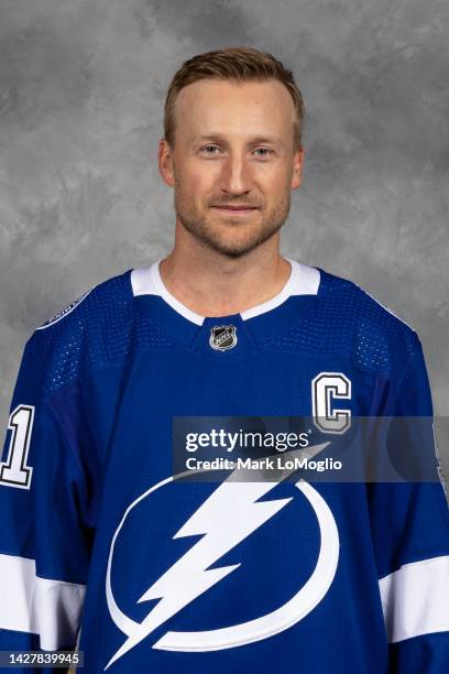 Steven Stamkos of the Tampa Bay Lightning poses for his official headshot for the 2022-2023 season on September 21, 2022 at Amalie Arena in Tampa,...