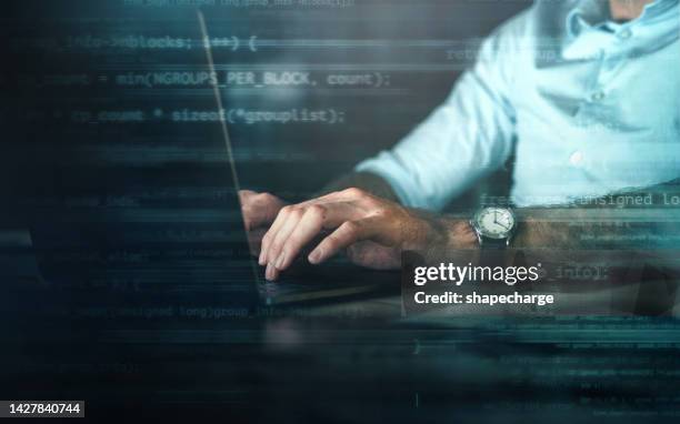 man, hands and futuristic laptop code for cybersecurity programmer, computer web design engineer and digital developer. 3d seo abstract zoom, database software coding or ux technology in night office - touchpad bildbanksfoton och bilder