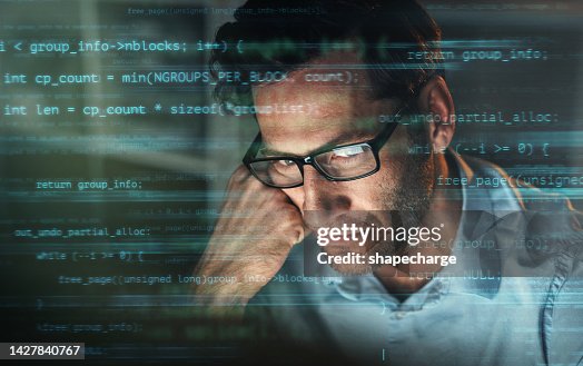 Programmer man thinking of network coding solution at night in cloud computing, 404 pc glitch error and internet technology. Focus, binary and IT developer in cyber security scam, data and password Programmer man thinking of network coding solution at night in cloud computing, 404 pc glitch error and internet technology. Focus, binary and IT developer in cyber security scam, data and password