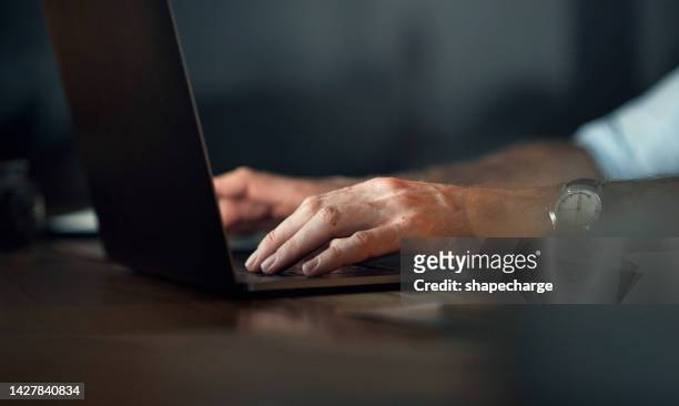 cyber security man, hands and laptop for digital cybersecurity, web design or ux seo software in night office. zoom on computer engineer, programmer or developer working on database technology coding - touchpad stockfoto's en -beelden