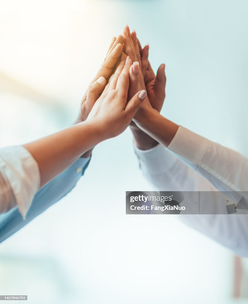Multiracial group of students stacked hands high-five in agreement achievement success aspiration smiling in bright business office classroom