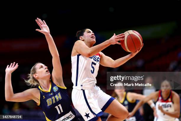 Kelsey Plum of the United States lays up during the 2022 FIBA Women's Basketball World Cup Group A match between USA and Bosnia & Herzegovina at...