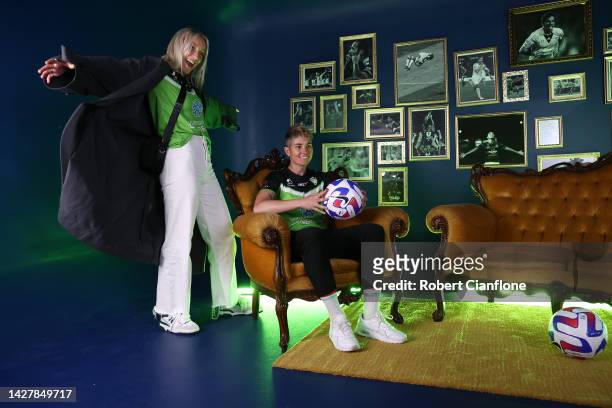 Nicolette Flannery and Michelle Heyman of Canberra United poses during the 2022-23 A-Leagues Season launch at Ultra Football on September 27, 2022 in...
