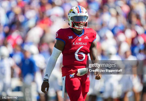 Jalon Daniels of the Kansas Jayhawks looks to the sideline during the second half against the Duke Blue Devils at David Booth Kansas Memorial Stadium...