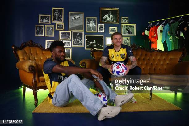 John Kelechi and Jason Cummings of Central Coast Mariners pose during the 2022-23 A-Leagues Season launch at Ultra Football on September 27, 2022 in...