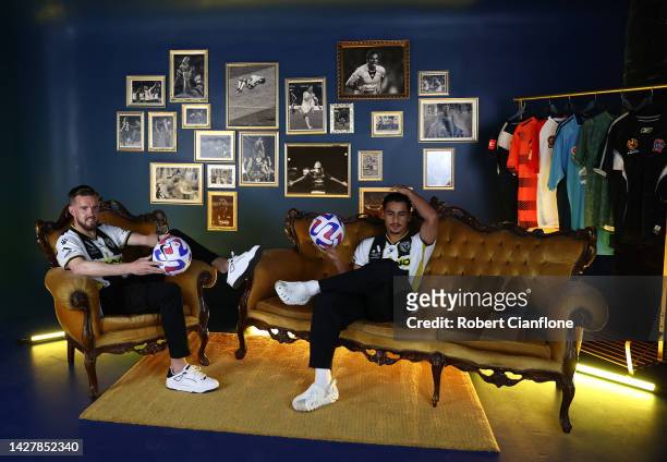 Craig Noone and Daniel Arzani of Macarthur FC pose during the 2022-23 A-Leagues Season launch at Ultra Football on September 27, 2022 in Melbourne,...