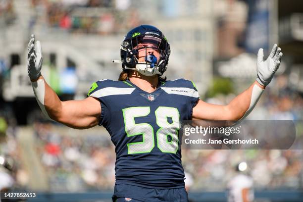 Tanner Muse of the Seattle Seahawks reacts after a play against the Atlanta Falcons during the first quarter of the game at Lumen Field on September...