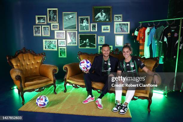 Alessandro Diamanti and Alana Cerne of Western United pose during the 2022-23 A-Leagues Season launch at Ultra Football on September 27, 2022 in...