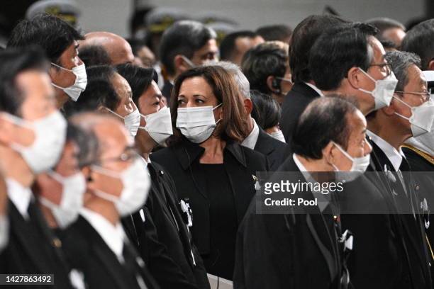 Vice President Kamala Harris arrives for the state funeral for Japan's former prime minister Shinzo Abe on September 27, 2022 at the Budokan in...