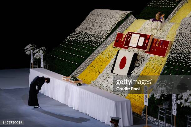 Akie Abe, wife of former Japanese Prime Minister Shinzo Abe, bows at the altar during the state funeral for Japan's former prime minister Shinzo Abe...