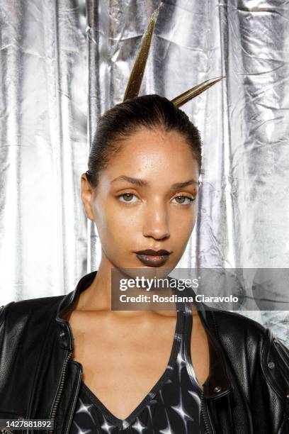 Model poses backstage at the Annakiki Fashion Show during the Milan Fashion Week Womenswear Spring/Summer 2023 on September 25, 2022 in Milan, Italy.