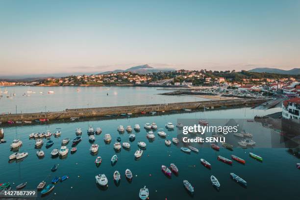 aerial view of a port with boats and  and yachts in a small village in france - south of france stockfoto's en -beelden