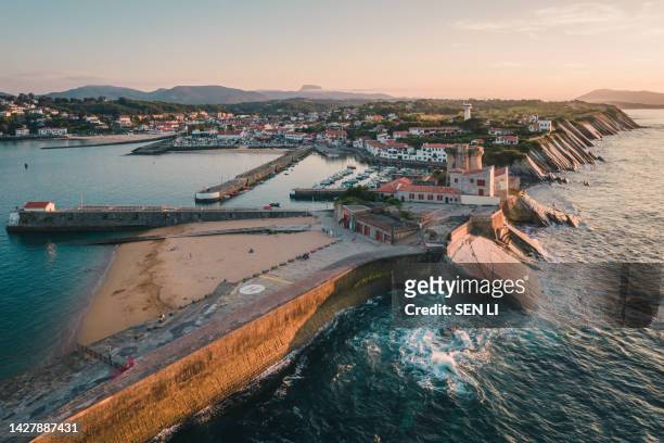 aerial view of fort de socoa at sunset, with unique flysch landform in ciboure and saint-jean-de-luz, france - bayonne stock pictures, royalty-free photos & images