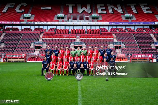 The womens football team of FC Twente pose for a team photo, back row from left to right: Kit Manager Edu Donker of FC Twente, Kit Manager Hans...