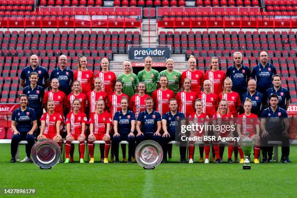 The womens football team of FC Twente pose for a team photo, back row from left to right: Kit Manager Edu Donker of FC Twente, Kit Manager Hans...