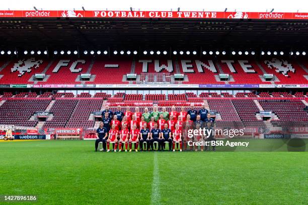 The womens football team of FC Twente pose for a team photo, back row from left to right: Kit Manager Edu Donker of FC Twente, Kit Manager Hans...