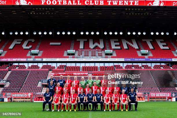 The womens football team of FC Twente pose for a team photo, back row from left to right: Kit Manager Edu Donker of FC Twente, Kit Manager Hans...