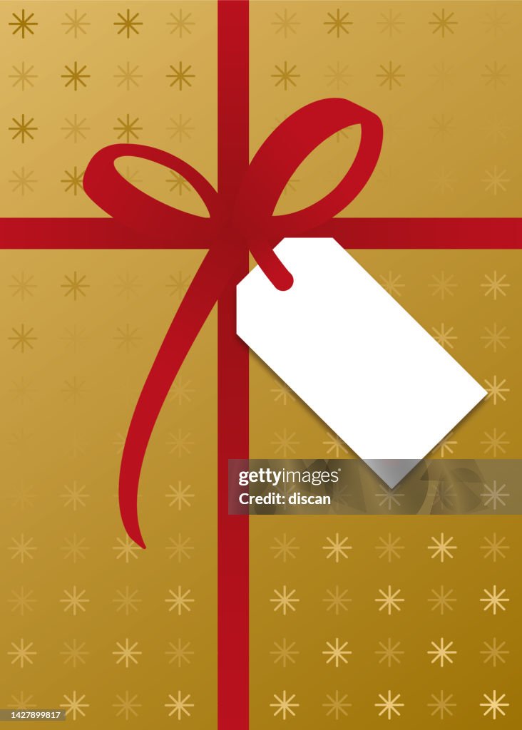 Gift box with blank Tag and Red Bow.