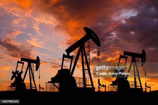 oil field with rigs and pumps at sunset. world oil industry - erdölpumpe stock-fotos und bilder